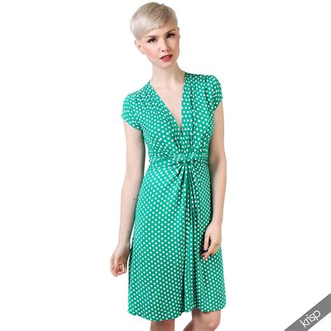 Womens Polka Dot Knot Front V Neck Top Pleated Skirt Stretch Mini Swing