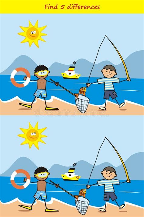 Fisher And Diver Find 5 Differences Board Game For Children Vector