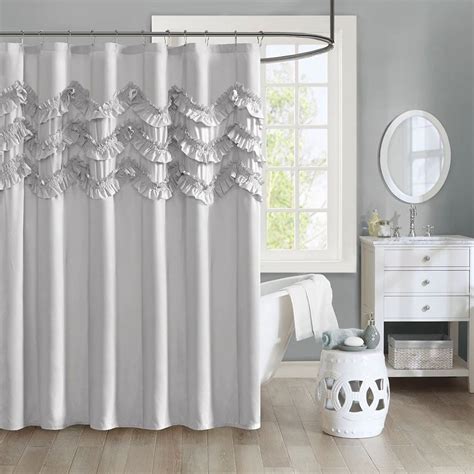Deny designs min 1 shower curtain. Luxury Soft Grey Three Tier Ruffled Fabric Shower Curtain ...