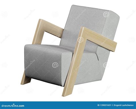 Armchair Made Of Gray Fabric And Wooden Armrests Made Of Fabric On A