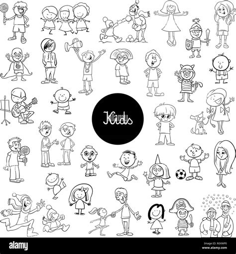 Black And White Cartoon Illustration Of Kids And Teenagers Characters