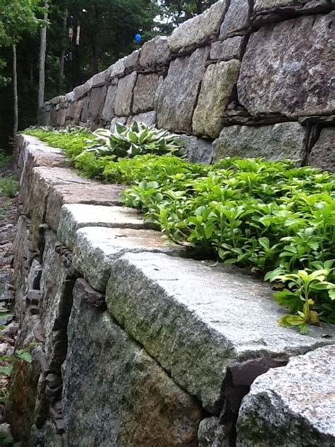 Two Tier Granite Retaining Wall Built From Reclaimed Granite Block And