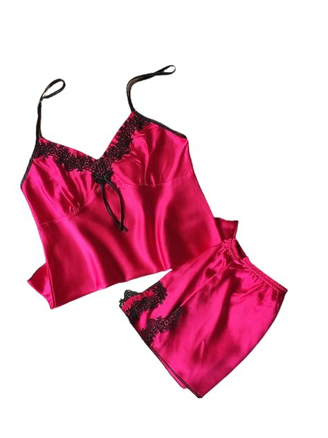 Kamawo Women Silk Satin Lace Pajamas Set Sexy Strappy Tops Shorts Nightwear Rose Red S
