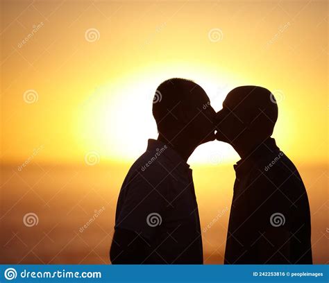 blissful sunset kiss gay couple sihlouette portrait of homosexual couple kissing in front of