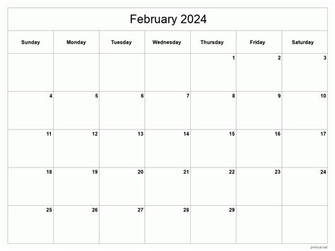 Printable February Calendar Classic Blank Sheet
