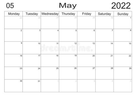 Planner Mei 2022 Lege Cellen Van De Planner Maandelijkse Organisator