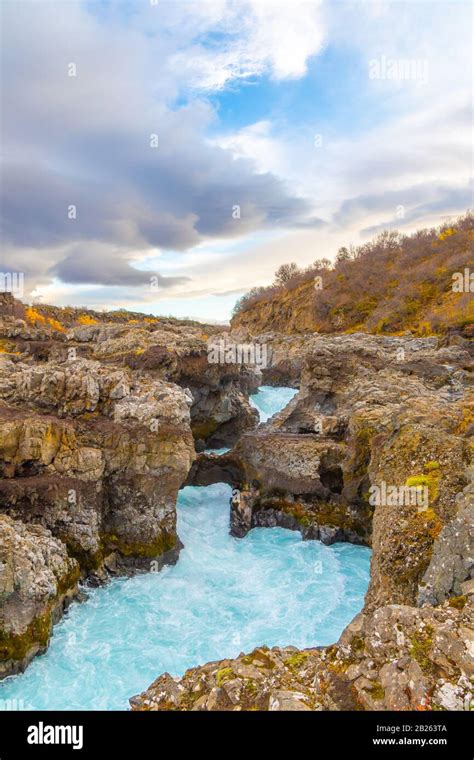 Hraunfossar Series Of Waterfalls Barnafoss Turquoise Water Streaming
