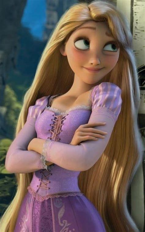 rappi from tangled in time with long hair and big eyes wearing a purple dress