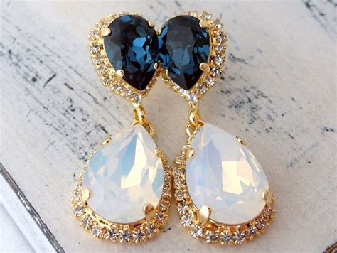 White Opal And Blue Chandelier Earrings Blue And White Etsy