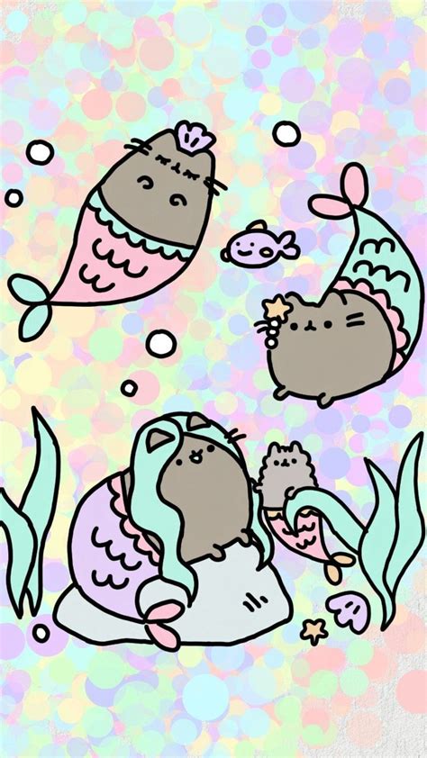 Three Cat Mermaids Pusheen Cute Mermaid Wallpapers Kawaii Wallpaper