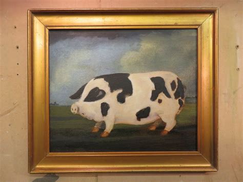 Antique Prize Pig In A Sty Naive English School Animal Oil Painting