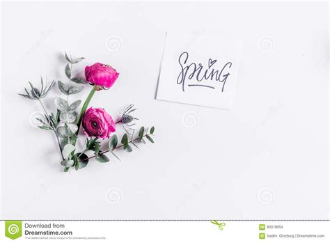Floral Concept With Pink Flowers On White Background Top View Mock Up