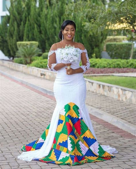 Clipkulture Beautiful Ghanaian Bride In White And Kente Train Wedding Gown African