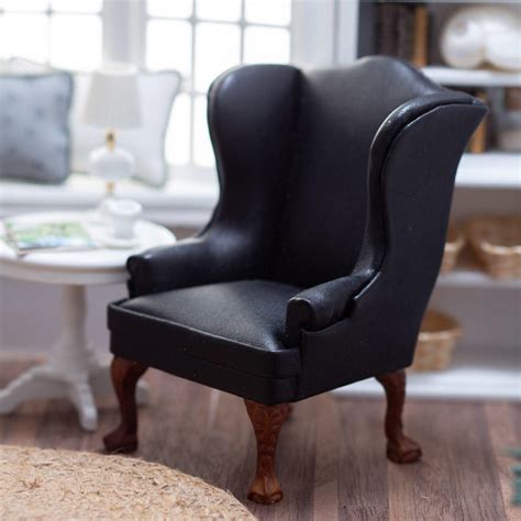 Black, leather living room chairs : Dollhouse Miniature Black Leather Wingback Chair - Living ...