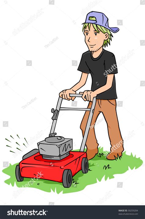Young Man Cutting Grass Push Lawn Stock Illustration 30259204