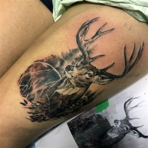 Guys Deer Head Tattoo Designs On Upper Thigh Buck Tattoo Deer Head