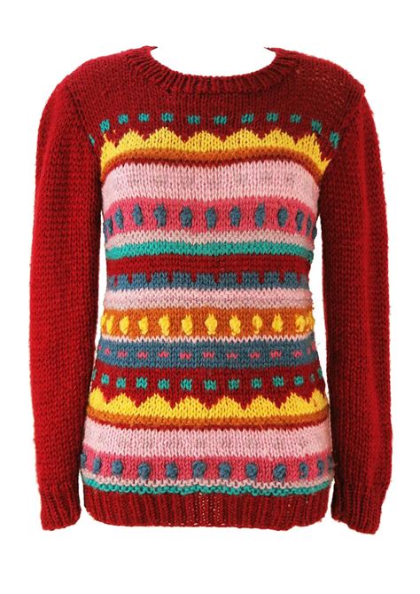Burgundy Knit Jumper With Multi Colour Striped Pattern S Reign Vintage