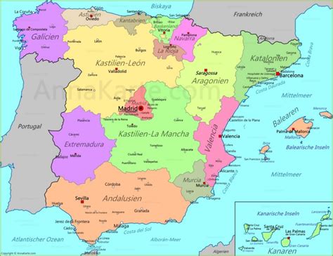 So vielgestaltig wie die landesnatur und klima, so individuell sind die roten gewächse aus den einzelnen regionen und gebieten der crianza von marqués de cáceres besticht durch seine tiefrote farbe. Spanien Karte - AnnaKarte.com