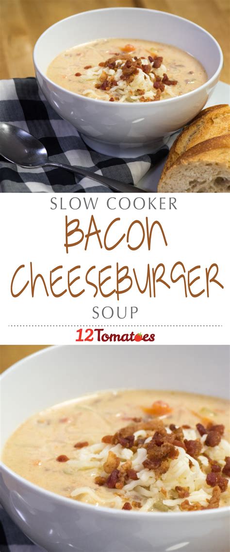 Let me tell you, that tastes amazing too! Slow Cooker Bacon Cheeseburger Soup | Packed with beef, veggies, cheese and bacon, is easy to ...