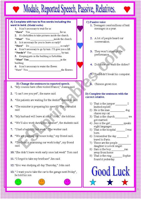 Modal + be + past participle. Modal verbs, passive voice, reported speech, relative ...