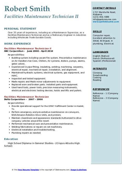 Facilities Maintenance Technician Resume Samples Qwikresume