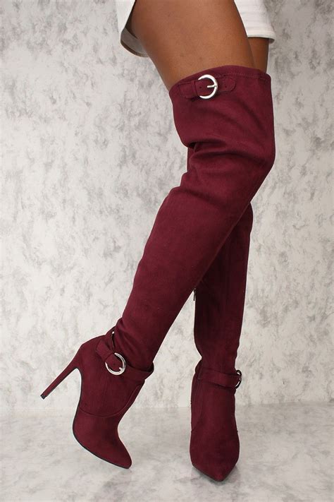 sexy burgundy buckle pointy toe thigh high heel boots faux suede thigh high boots heels strappy