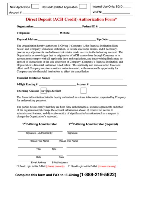 Direct Deposit Ach Credit Authorization Form Printable Pdf Download