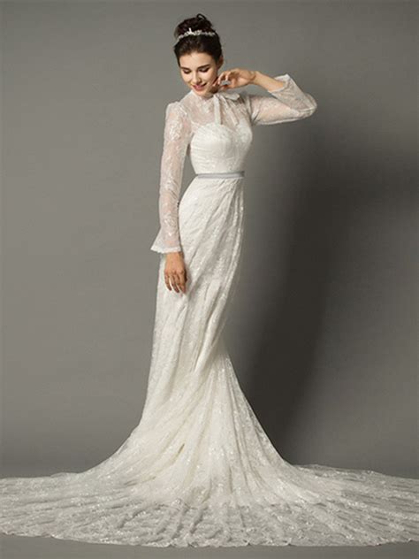 You can also wear a deep red lip and. Sheath High Neck With Collar Long Sleeve Lace Wedding ...