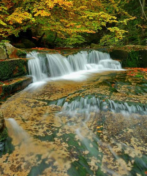 Waterfalls Cascade In Autumn Forest Beautiful Colors Of Nature Stock