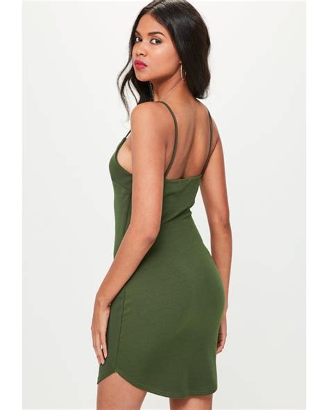 Lyst Missguided Khaki Strappy Plunge Bodycon Dress In Green Save 20