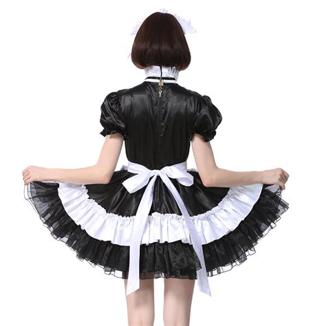 buy sissy girl maid lockable black satin dress costume crossdress pleated style online at