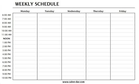 Weekly Schedule Template Monday Friday With Times One Week Planner