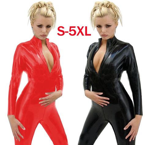 Buy Women Sexy Black Pu Leather Bodysuit High Collar