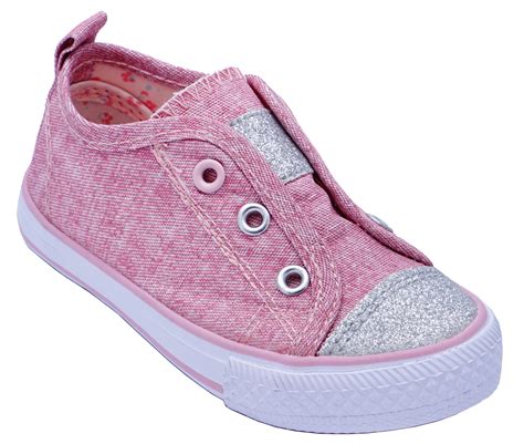 Girls Kids Childrens Pink Canvas Slip On Glitter Plimsoll Pumps Shoes