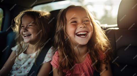 Premium Photo Two Happy Girls Laughing In The Backseat Of A Car While