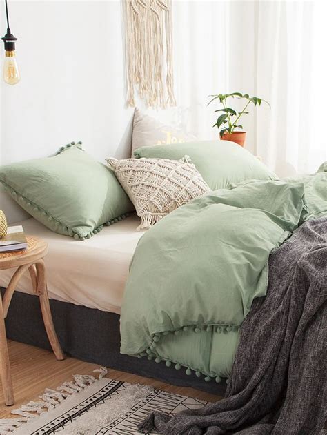 Move Over Sage Green Bedding Sets Queen Pom Poms Fringe Pattern Washed Moveoverlife