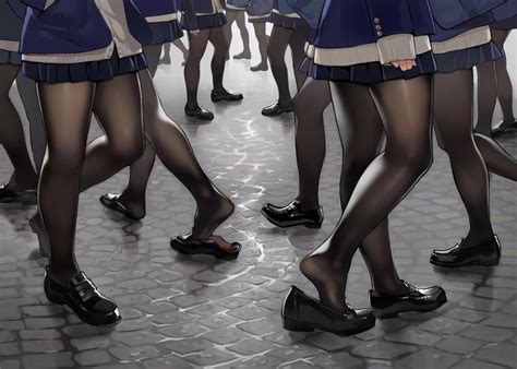 Legs Yomu Anime Anime Girls Shoes Skirt Miniskirt Pantyhose Black Pantyhose Street