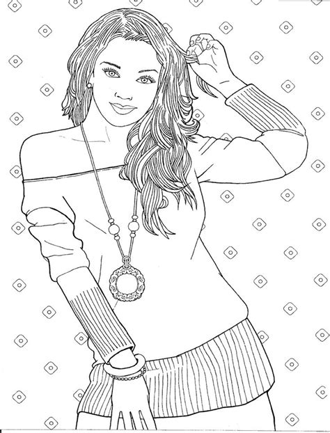 A Coloring Page With A Woman Holding A Necklace And Wearing A Sweater On Her Shoulders