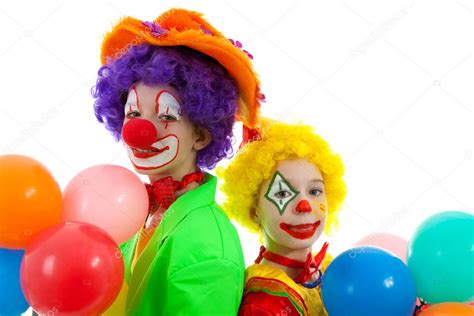 Portrait Of Two Children Dressed As Colorful Funny Clowns — Stock Photo