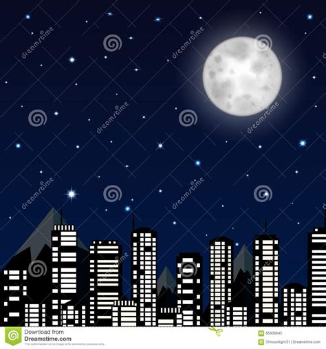 Night Sky With Moon Stars And Silhouette Of The City