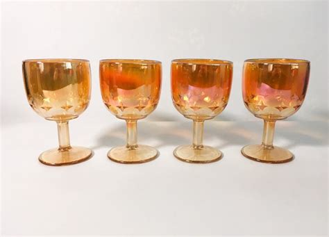 Vintage Set 4 Marigold Carnival Glass Goblets 4 Iridescent Orange Amber Large Glasses
