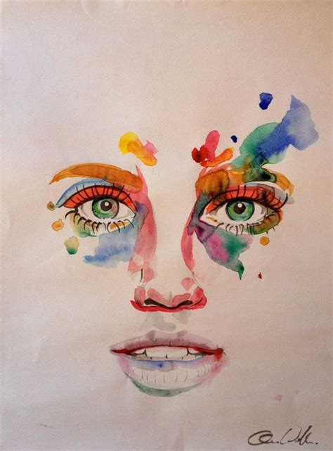 Watercolour Face Portrait Original Painting Woman Art Etsy Quirky