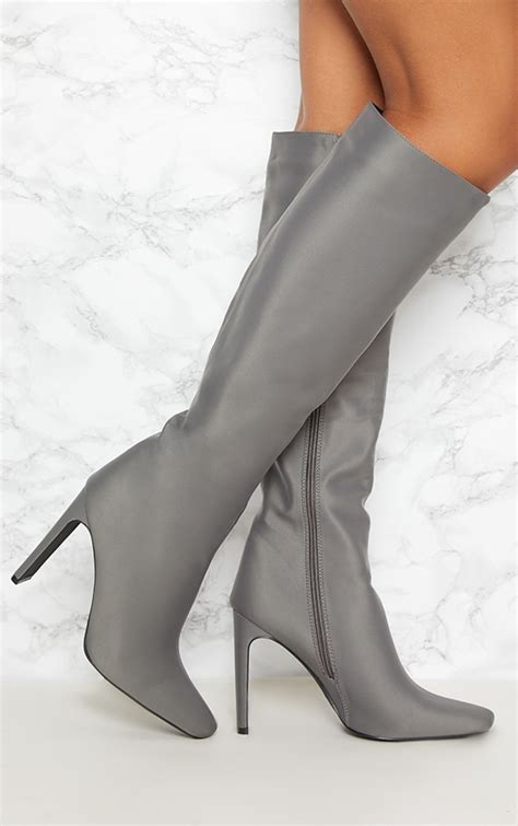 charcoal grey knee high flat heel boot prettylittlething il