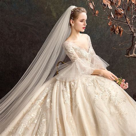 Elegant Champagne Wedding Dresses 2019 Ball Gown V Neck Lace Flower Bell Sleeves Backless