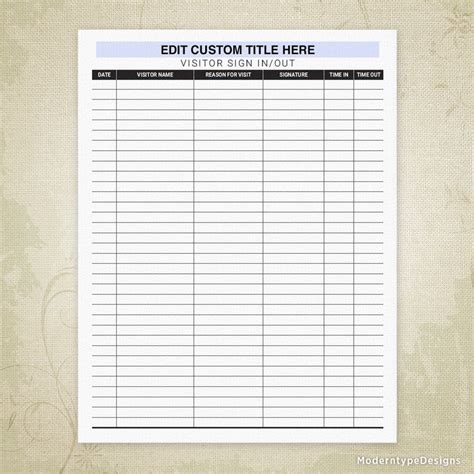 Visitor Sign In And Out Sheet Printable Form Personalized
