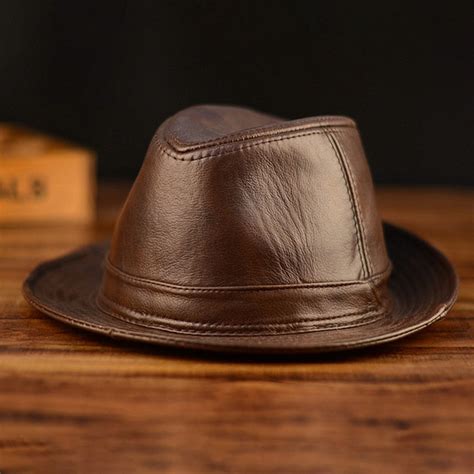 Mens Leather Hat Cowhide Hat Outdoor Leather Hat Jazz Hat Gentleman