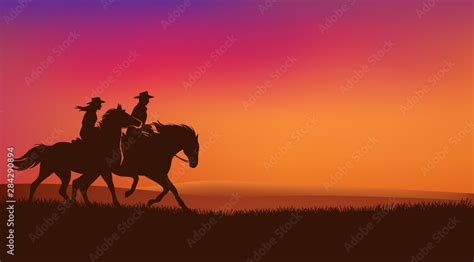 Vetor De Cowgirl And Cowboy Riding Horses In Romantic Sunset Prairie