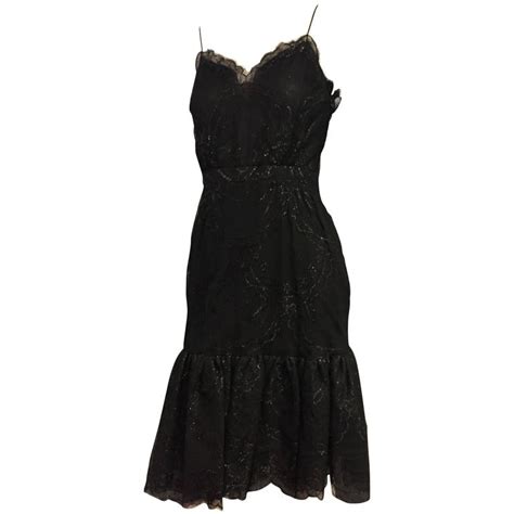 Bill Blass Black Silk Lace Slip Style Cocktail Dress W Gathered Net