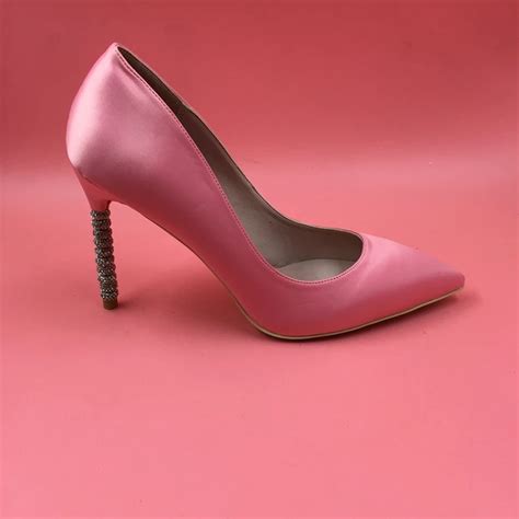 Pink Satin Women Pumps For Brides Rhinestones Stilettos 10cm High Heels