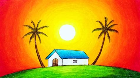 How to Draw Easy Scenery of Beautiful Sunset | Simple Nature Scenery